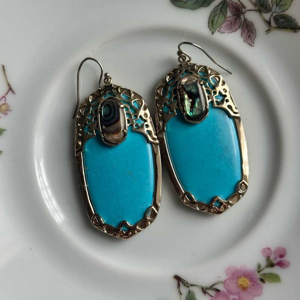 Kendra Scott Deva Abalone Shell Turquoise Blue Large Drop Earrings - RARE